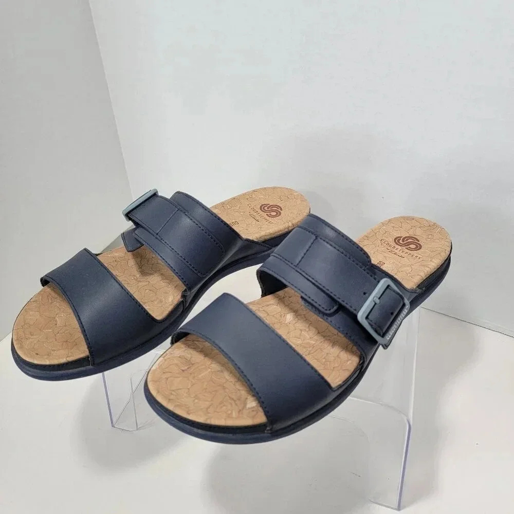 Clarks Womens 8.5 Cloud‎ Steppers Sandals Slides Summer Navy Cushioned Slip On